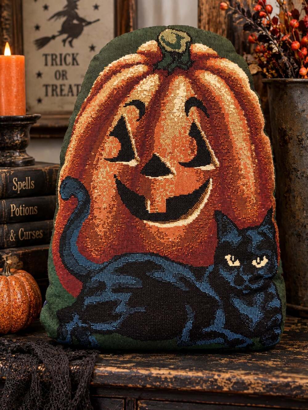 Woven Tapestry Pumpkin Black Cat Pillow 14x10 Halloween Primitive Folk Art Vtg